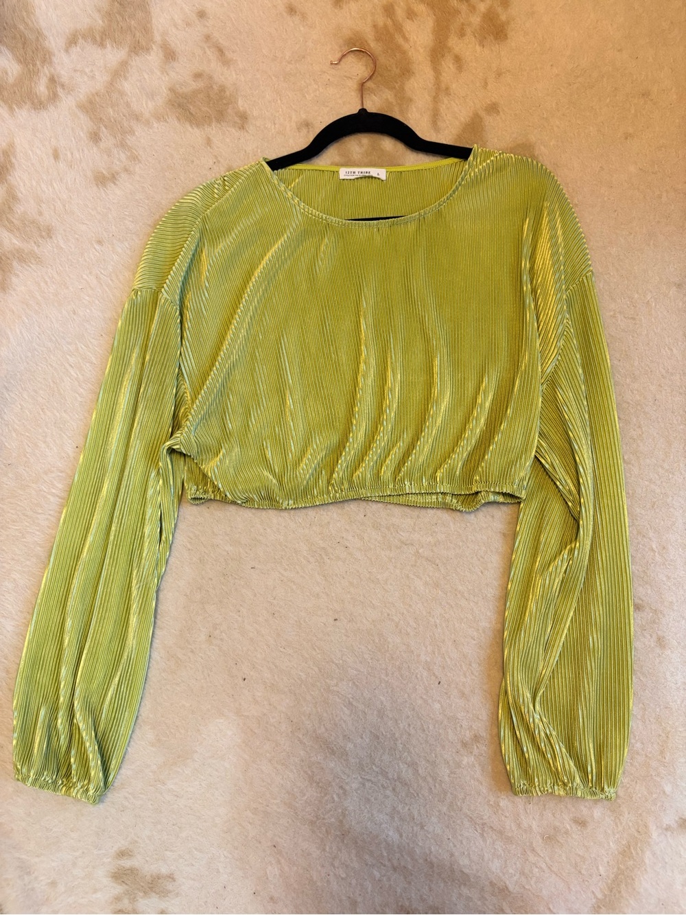12th Tribe Neon Lime Pleated Cropped Long-Sleeve Top